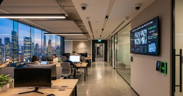 Modern office with integrated security systems